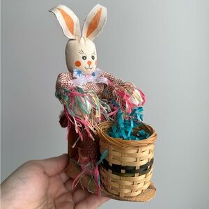 Vintage Easter Bunny Rabbit Egg Basket Holding Straw Scarecrow Figurine on Wood